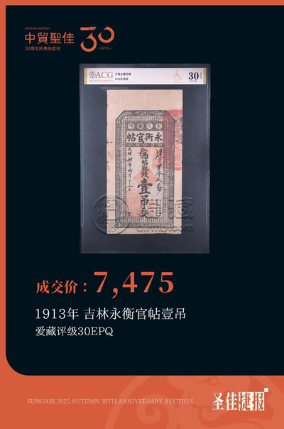 中贸圣佳国际拍卖爱藏评级币再创纪录！蛇钞通天8刀货以299万落槌